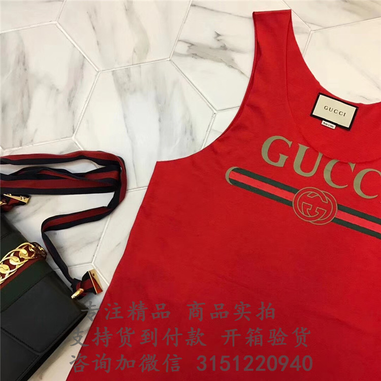 顶级高仿Gucci纯棉印花背心 457094大红色 Gucci标识印花纯棉背心