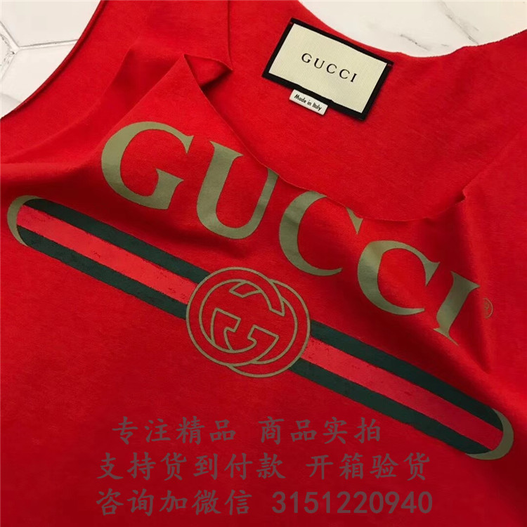 顶级高仿Gucci纯棉印花背心 457094大红色 Gucci标识印花纯棉背心