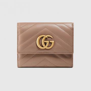 顶级高仿Gucci短款折叠钱包 ‎474802粉咖色 古驰GG Marmont系列绗缝钱包