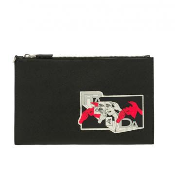 顶级高仿Prada手包 2NG005红色印花 普拉达新款十字纹手拿包