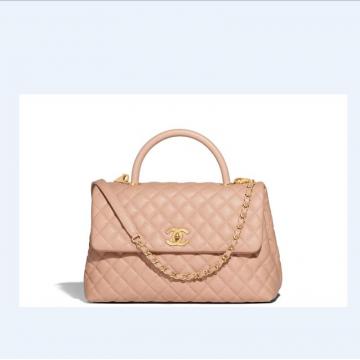 顶级高仿Chanel 2018春夏新款手提包 A92992 浅粉色颗粒纹菱格中号口盖包配以手柄