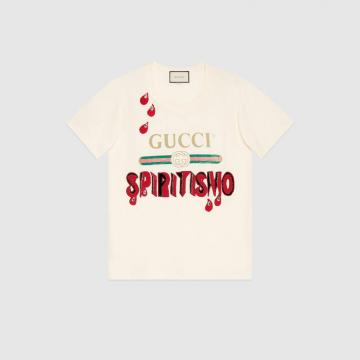 顶级高仿Gucci纯棉印花T恤 492347 Gucci标识刺绣T恤