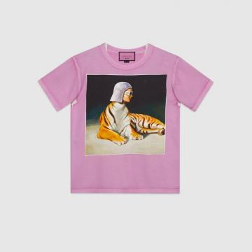 顶级高仿Gucci纯棉印花T恤 492347粉红色 #官网限量-古驰幻境系列印花T恤