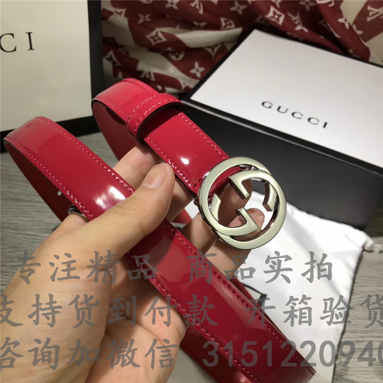 顶级高仿LV皮带 370717玫红色 漆皮腰带，配以互扣式双G带扣