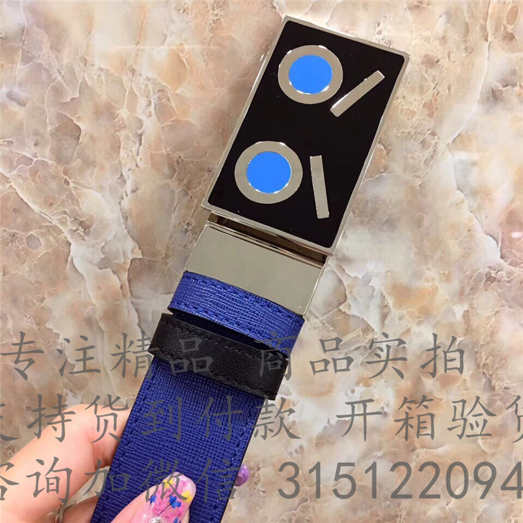 顶级高仿Fendi方形扣皮带 7C0345蓝色 芬迪蓝色/黑色“无语”方扣小怪兽腰带