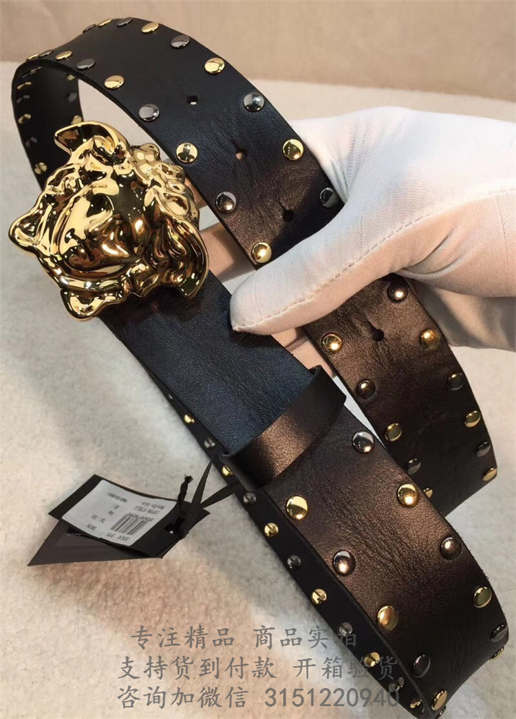 顶级高仿Versace美人头金扣皮带 范思哲Palazzo 系列圆形金属铆钉美杜莎头像带扣腰带