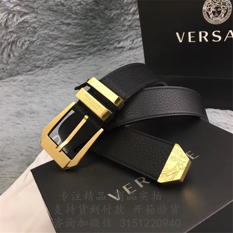 顶级高仿Versace金色针扣腰带 范思哲黑色荔枝纹抛光金色针扣腰带