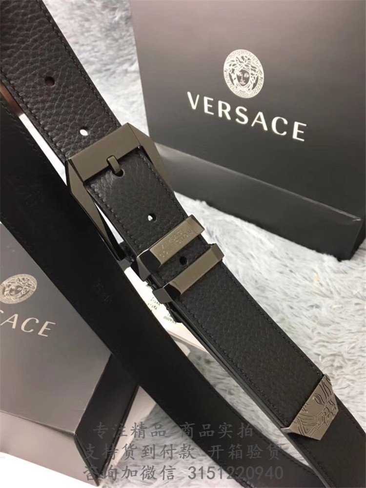 顶级高仿Versace银色针扣腰带 范思哲黑色荔枝纹抛光银色针扣腰带