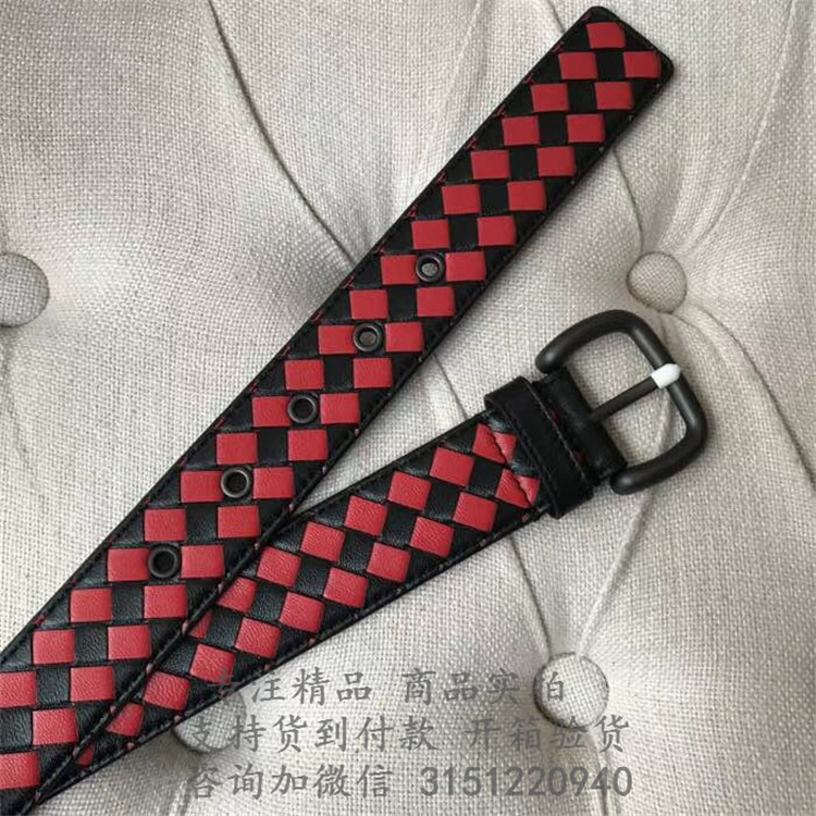 顶级高仿BV编织针扣腰带 黑色/中国红编织格纹小羊皮皮带35MM