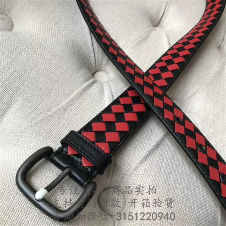 顶级高仿BV编织针扣腰带 黑色/中国红编织格纹小羊皮皮带35MM