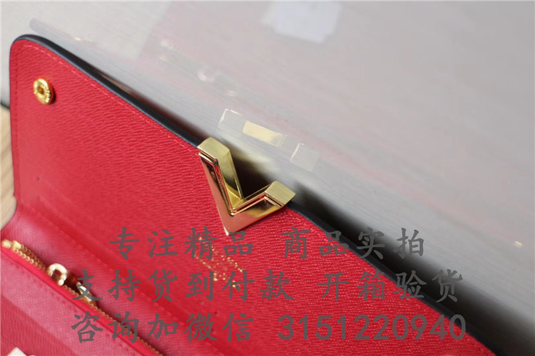顶级高仿LV老花配皮长款钱包 M56174红色 Kimono 钱夹
