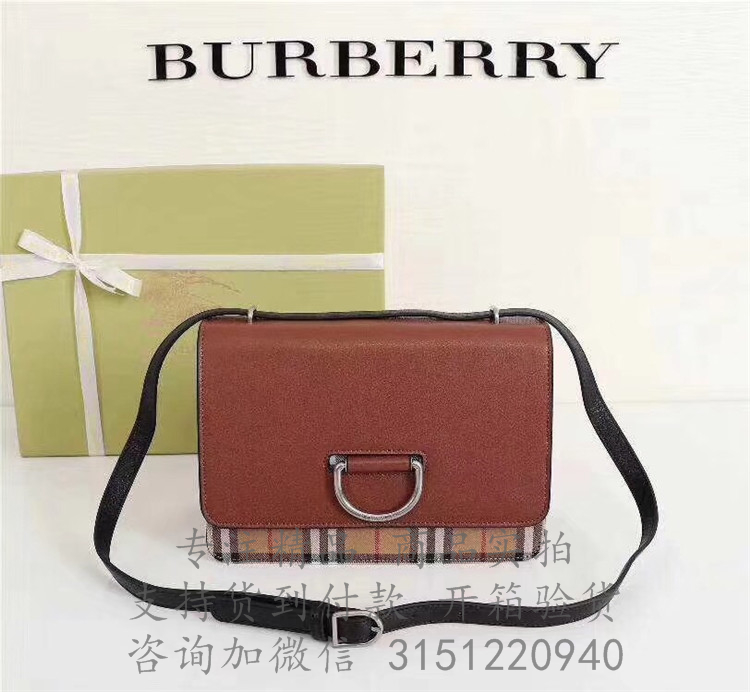 Burberry斜跨肩背包 4075926棕褐色 中号 Vintage 格纹拼皮革 D 型环包