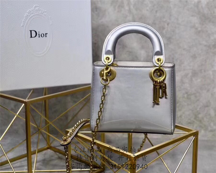 Dior漆皮戴妃包 M0598 LADY DIOR银色金属光泽小牛皮袖珍手提包