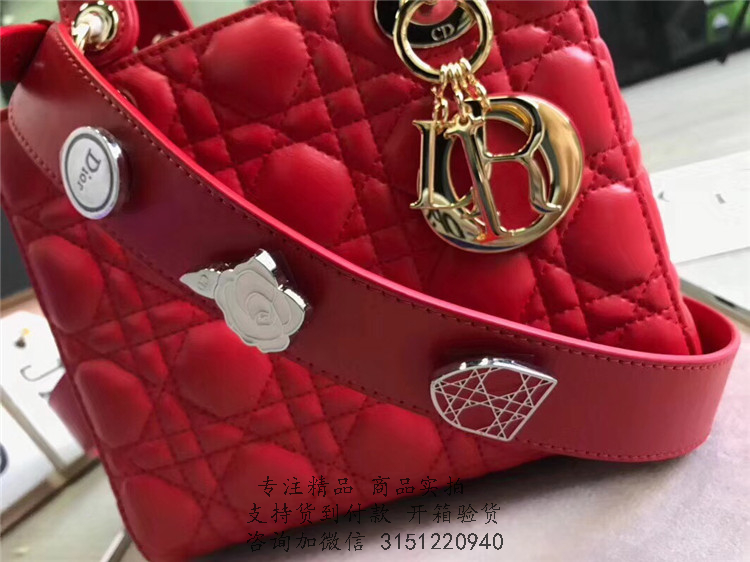 Dior戴妃包 4格菱格定制款 大红色金扣性化定制“MY LADY DIOR”手提包