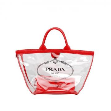 Prada手提购物包 1BG166大红色 普拉达透明手提购物包