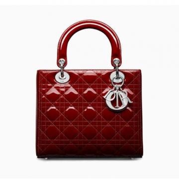 Dior戴妃包 44551 经典5格LADY DIOR酒红色藤格纹漆皮小牛皮手提包