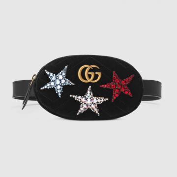 Gucci腰包 476434 饰水晶刺绣星星贴花黑色GG Marmont系列天鹅绒腰包
