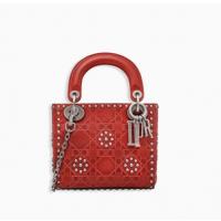 Dior戴妃包 M0598 3格LADY DIOR红色小母牛皮袖珍手提包，缀以饰钉