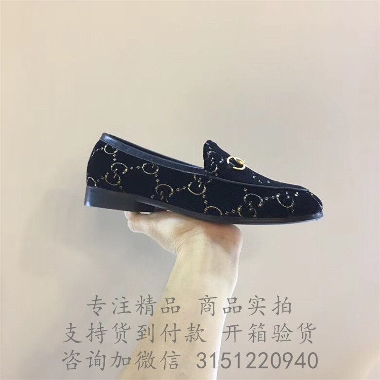 Gucci女款便鞋 431467 墨蓝色Gucci Jordaan系列GG天鹅绒乐福鞋