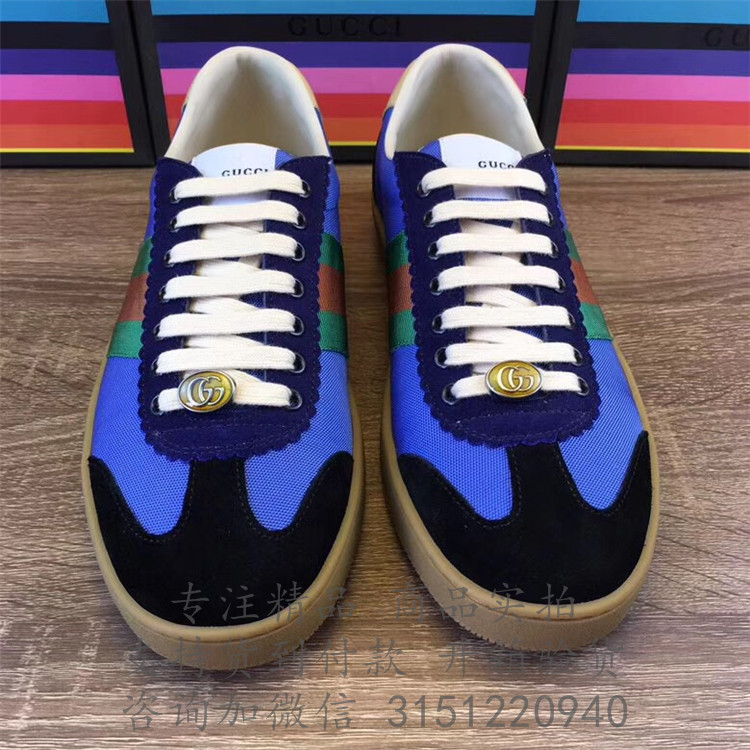 Gucci运动鞋 521682 宝蓝色饰织带尼龙和麂皮运动鞋