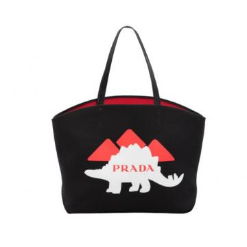Prada购物袋 1BG220 黑色恐龙印花 Canvas Logo 手提包