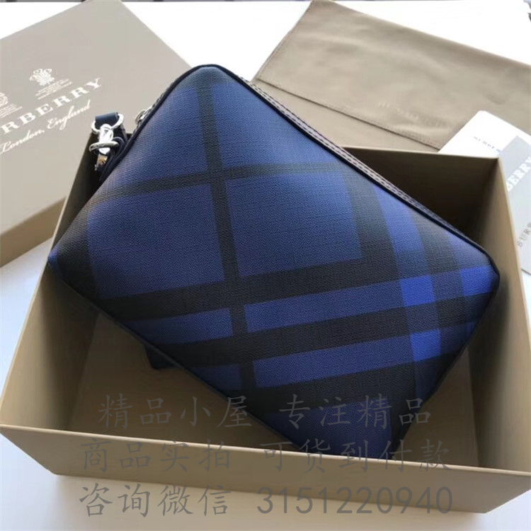 Burberry手拿包 40162951 黑蓝色 皮革饰边 London 格纹收纳袋