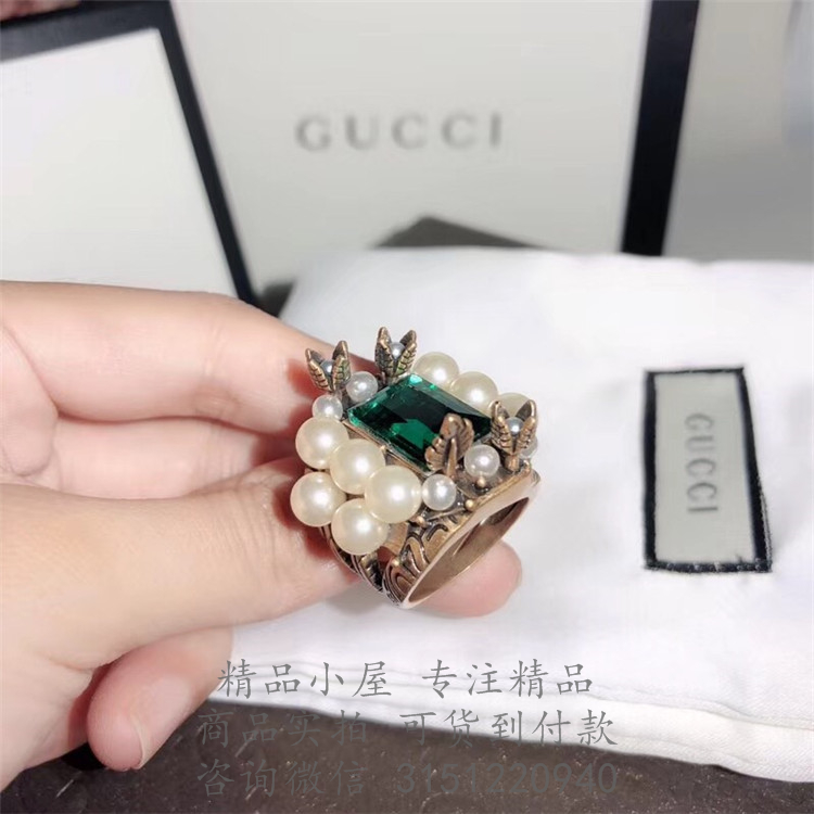 Gucci精仿戒指 404843 水晶和玻璃珍珠装饰戒指