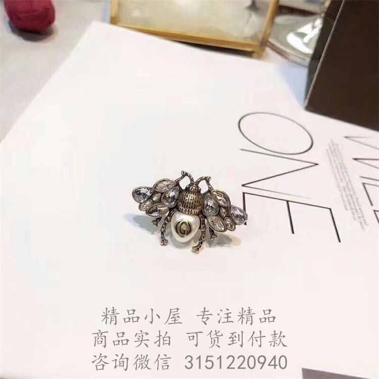 Gucci精仿戒指 493990 饰水晶和珍珠蜜蜂戒指