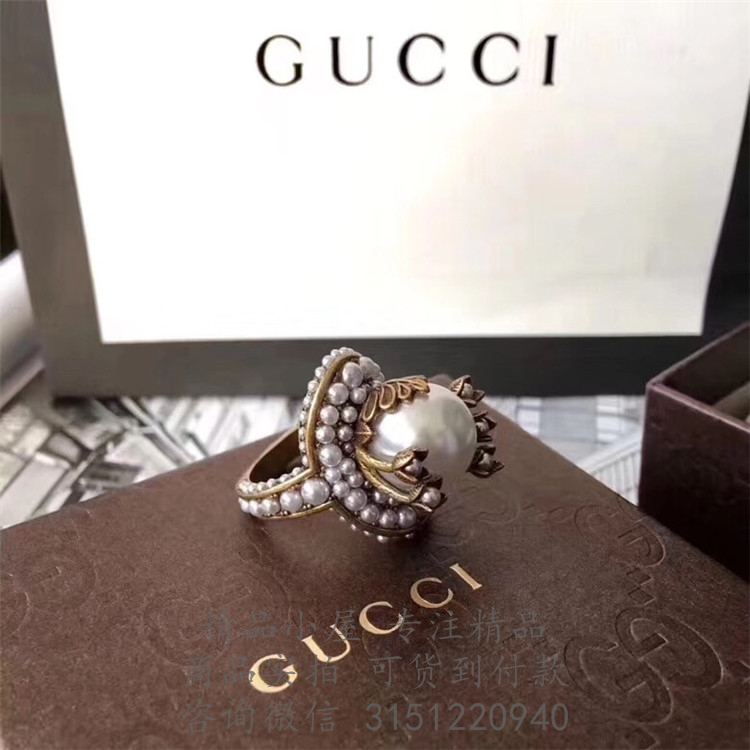Gucci精仿戒指 445370 玻璃珍珠装饰花朵戒指