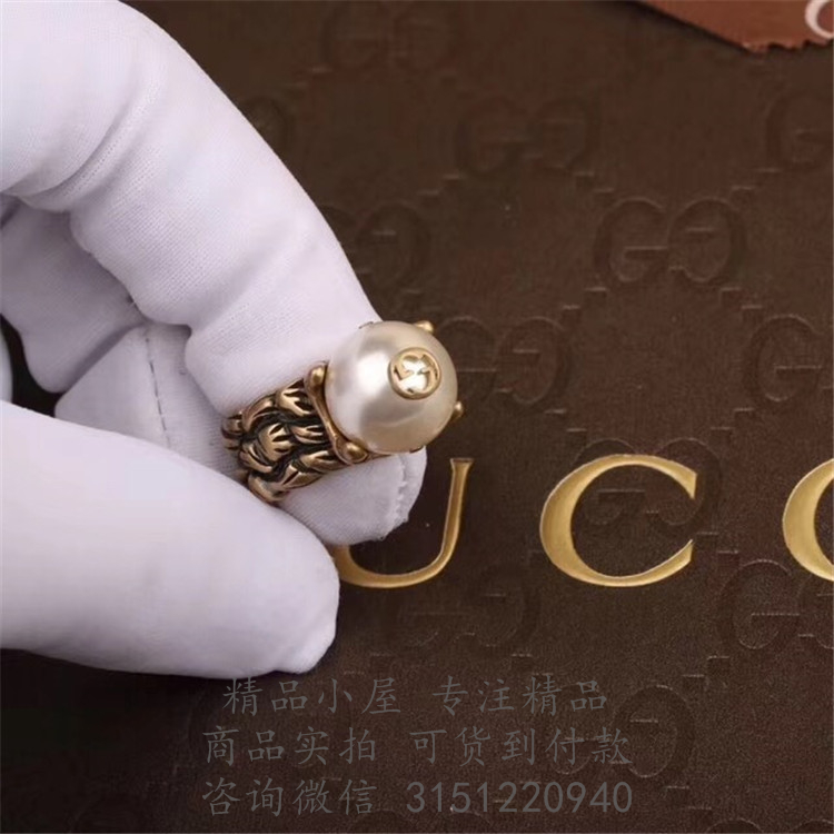 Gucci精仿戒指 440993 奶油色玻璃珍珠戒指