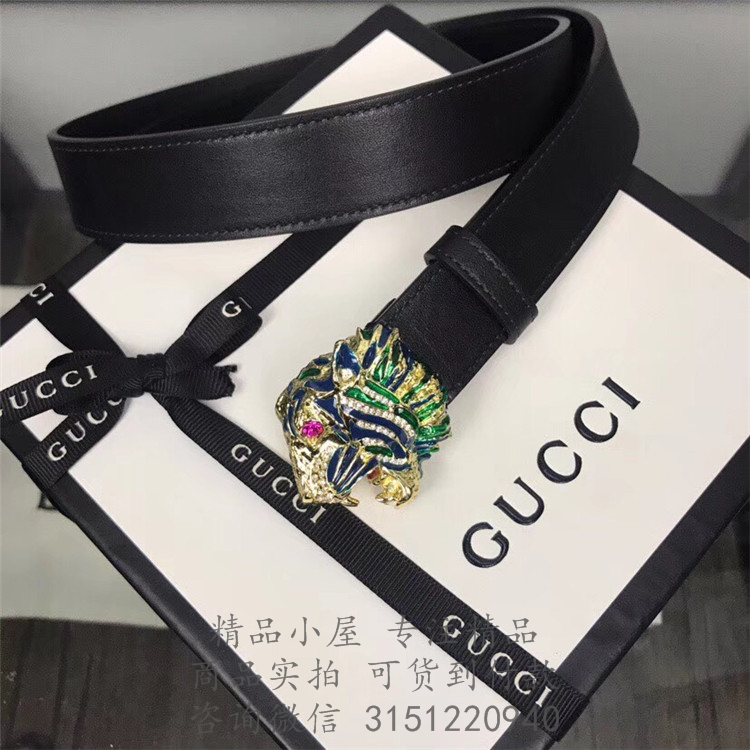 Gucci板扣皮带 543152 黑色饰虎头皮革腰带