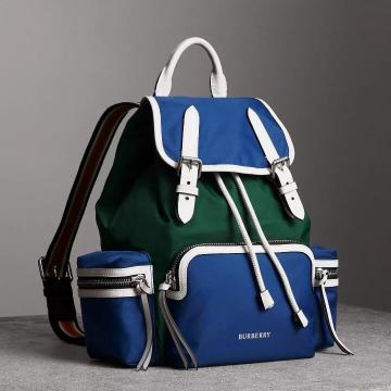 Burberry拼色双肩包 40765131 蓝色配绿色The Rucksack - 中号拼色尼龙军旅背包