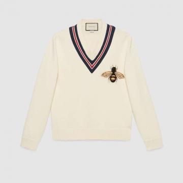 Gucci针织毛衣 452796 白色蜜蜂贴花羊毛毛衣
