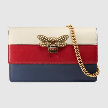 Gucci链条钱包 476079 白红蓝拼色Queen Margaret 系列皮革迷你手袋