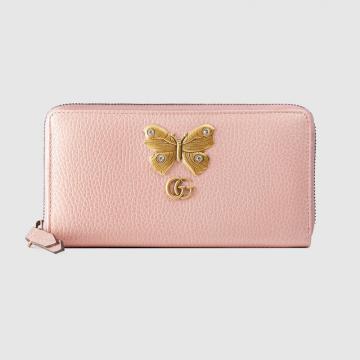 Gucci拉链钱包 ‎499363 裸粉色蝴蝶图案全拉链式钱包