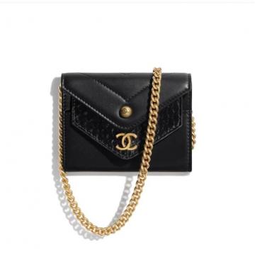 Chanel拉链零钱包 A70313 黑色V纹牛皮链子小包