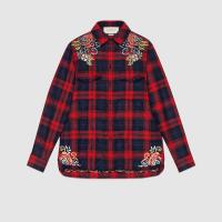Gucci休闲衬衫 ‎501912 红色龙形刺绣格纹衬衫