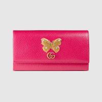 Gucci折叠钱包 499359 玫红色蝴蝶图案长款钱包