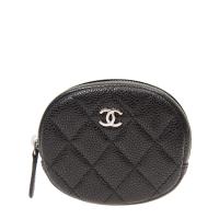 Chanel圆形零钱包 A68995 黑色颗粒纹菱格牛皮拉链圆形零钱包