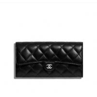 Chanel长款口盖钱包 A80758 黑色菱格羊皮经典口盖钱包