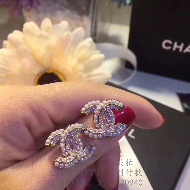 Chanel耳钉 A64766 水钻双C珍珠耳环