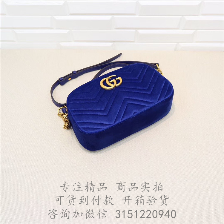 Gucci相机包 447632 宝蓝色GG Marmont系列天鹅绒小号肩背包