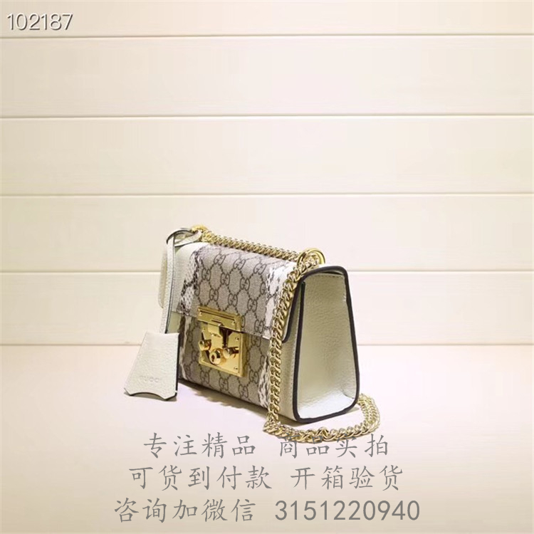 Gucci链条包 432182 白色饰边Padlock系列蛇皮小号肩背包