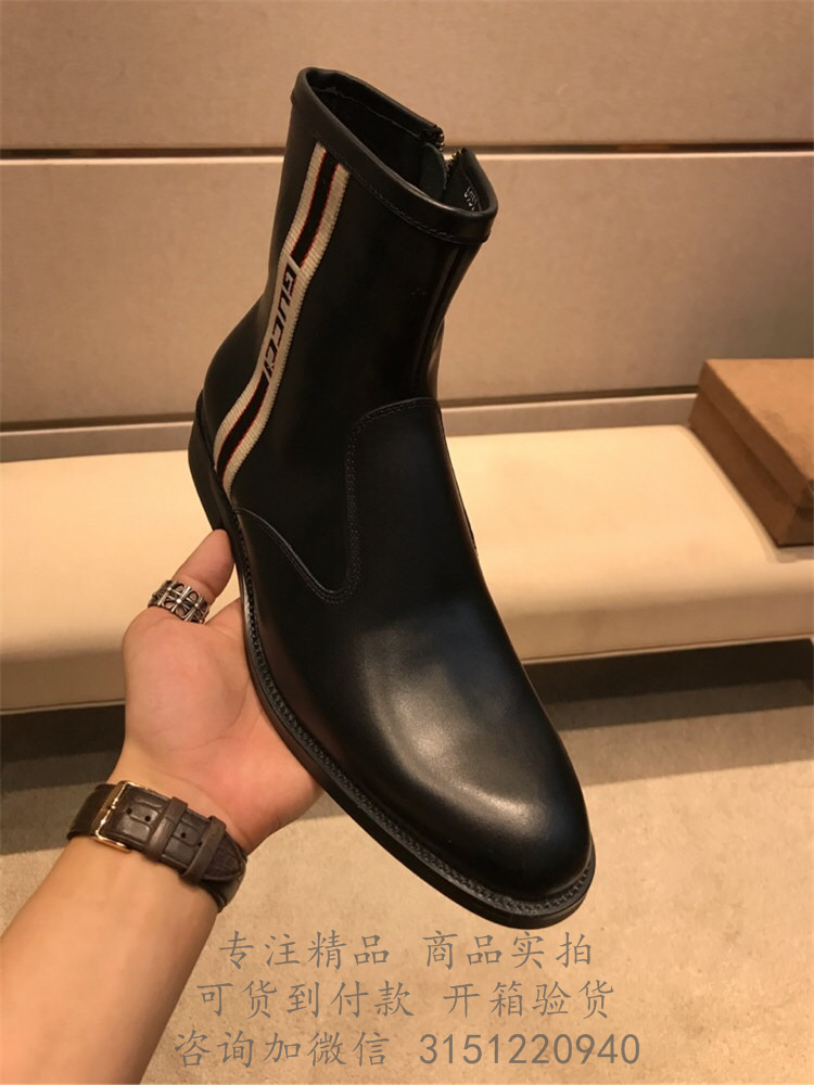 Gucci短靴 523289 黑色Gucci条纹皮革踝靴