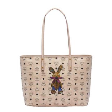 MCM购物袋 MWP6AXL08IG001 米色中号小兔子 Visetos 顶部拉链购物袋