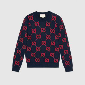 Gucci毛衣 487086 蓝色蝙蝠刺绣羊毛针织毛衣