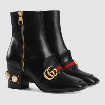 Gucci高帮靴子 432060 黑色饰珍珠皮革中跟及踝靴