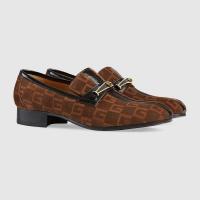 Gucci皮鞋 ‎510104 棕色方形G条纹麂皮乐福鞋