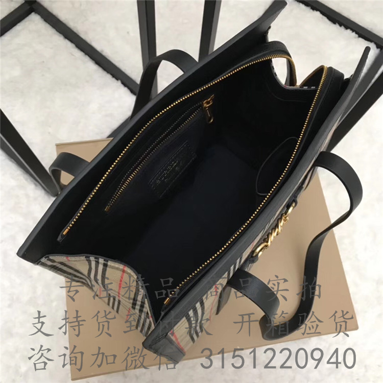 Burberry托特包 80064371 黑色The Link - 小号 1983 格纹链环托特包