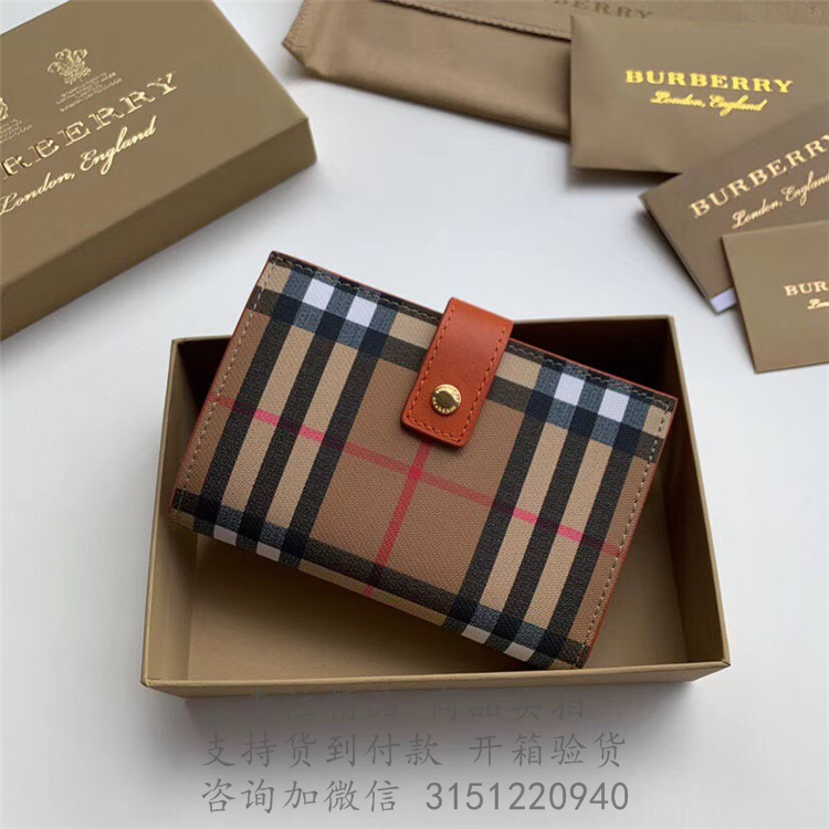 Burberry二折钱包 40735531 柑橘色Vintage 格纹拼皮革折叠式钱夹